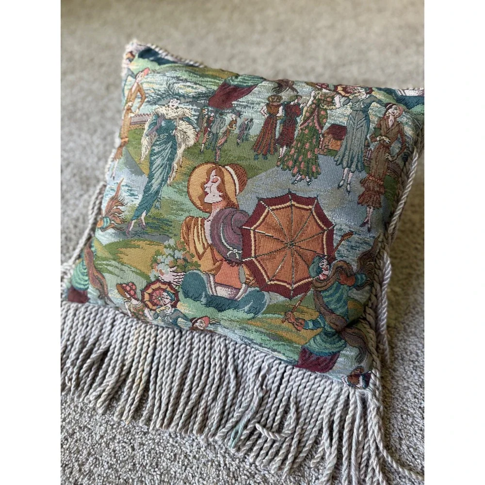 Vintage Victorian Tapestry Throw‎ Pillow with Fringe Ladies in Garden Scene